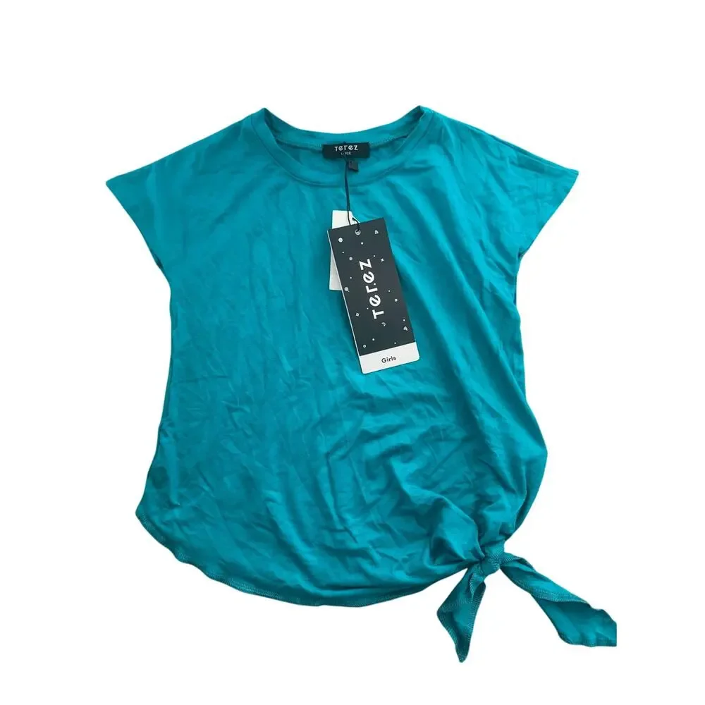 NWT Terez Girls Teal Blue Short Sleeve Side Tie Waist Top Youth Size Large